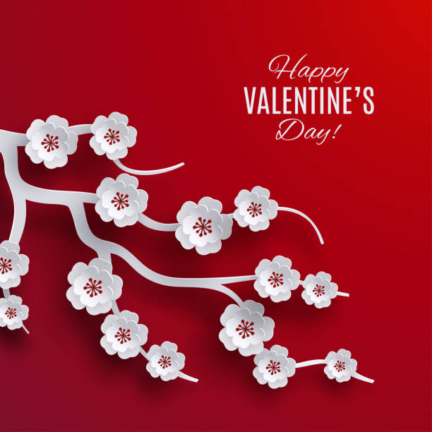 день святого валентина праздник дизайн. красный фон, украшенный бумагой, вырежьте вишневые цветы ветви дерева. поздравительная открытка, б� - cherry valentine stock illustrations