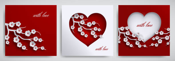 день святого валентина, день матери дизайн набор. поздравительная открытка, плакат, коллекция баннеров. сердце с веткой цветущей вишни на к� - cherry valentine stock illustrations