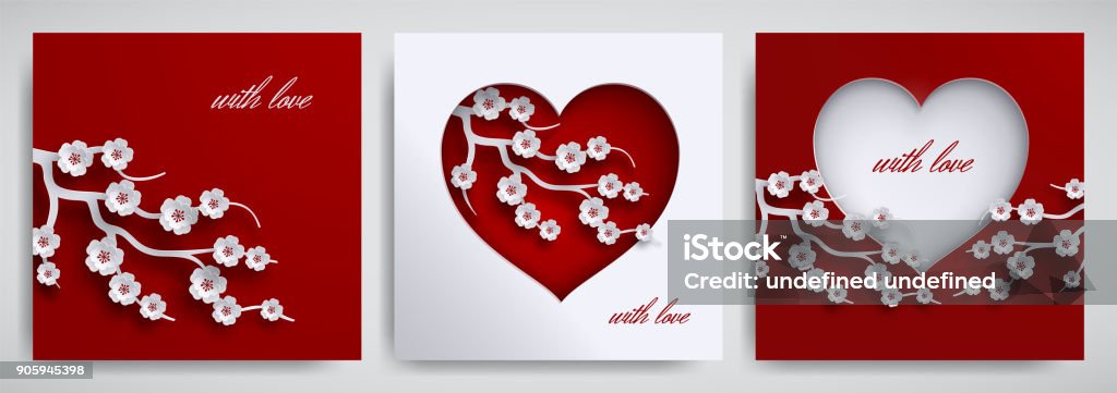 Sevgililer günü, anneler günü tasarım kümesi. Tebrik kartı, poster, afiş koleksiyonu. Kalp kırmızı kiraz çiçek şube ile arka plan beyaz, kağıt kesme tarzı. Vektör çizim, izole katmanları - Royalty-free Kalp şekli Vector Art