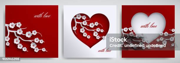 Sevgililer Günü Anneler Günü Tasarım Kümesi Tebrik Kartı Poster Afiş Koleksiyonu Kalp Kırmızı Kiraz Çiçek Şube Ile Arka Plan Beyaz Kağıt Kesme Tarzı Vektör Çizim Izole Katmanları Stok Vektör Sanatı & Kalp şekli‘nin Daha Fazla Görseli