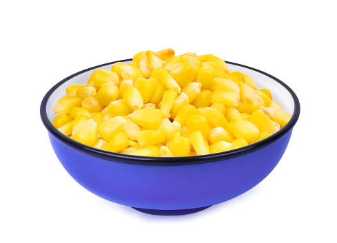 sweet corn in the blue ceramic bowl isolated on white background