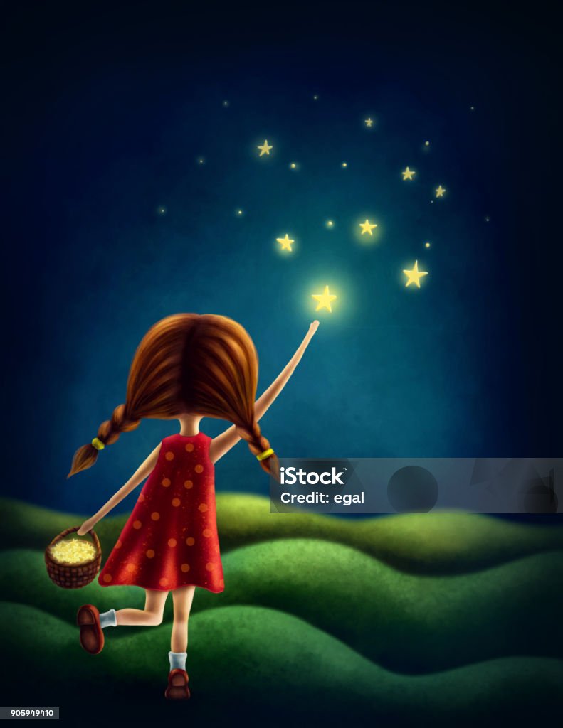 Girl trying to catch a star Illustration of a girl trying to catch a star Star - Space stock illustration