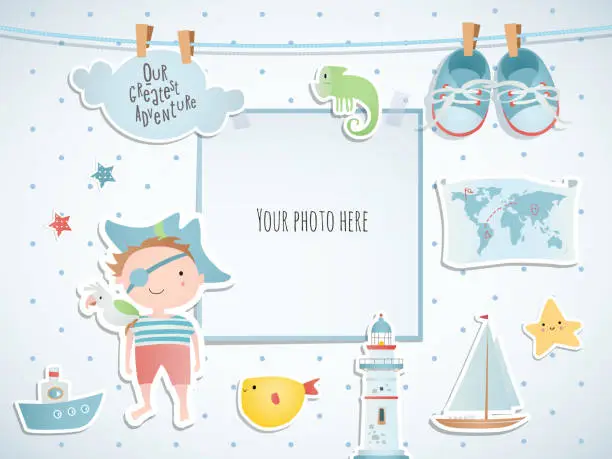 Vector illustration of Holiday card design with pirate and boat. Baby shower. Paper, scrapbook.