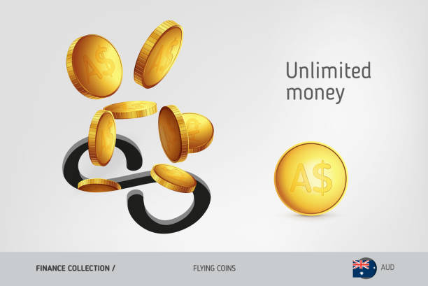 Infinity icon with flying Australian Dollar coins, finance concept. Vector illustration for print, websites, web design, mobile app, infographics. Flying coins gold ira approved stock illustrations