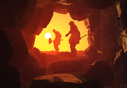 The primitive man in the cave.; 3d render