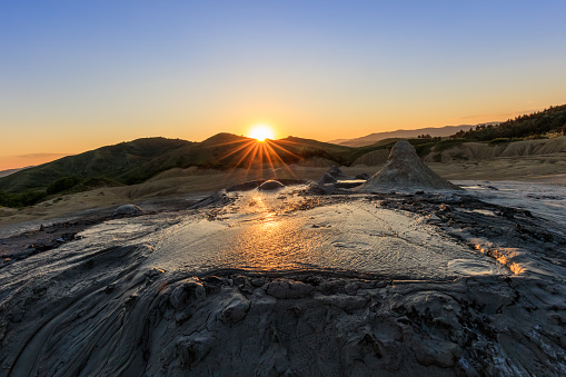 sunset in Mud Volcanoes. Buzau county, Romania