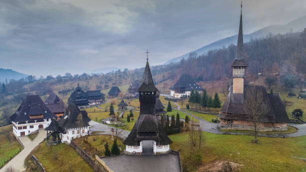 Barsana Monastery in Maramures, Romania. traditional Maramures wooden architecture of Barsana monastery, Romania maramureș stock pictures, royalty-free photos & images