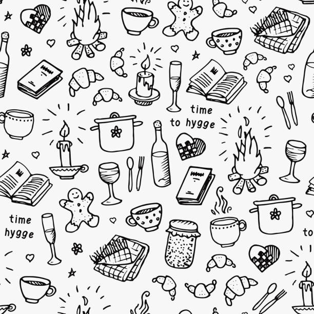 Hand drawn seamless pattern. Time to Hygge. Vector illustration on white background Hand drawn seamless pattern. Time to Hygge. Vector illustration on white background candle illustrations stock illustrations