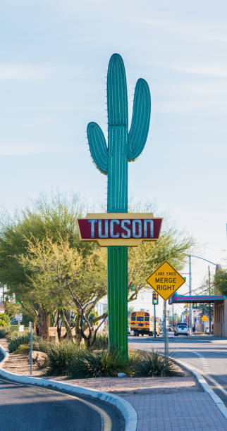 Tucson Sign Saguaro Arizona A Tucson city sign on a Saguaro cactus Southwest symbol USA vintage tucson stock pictures, royalty-free photos & images
