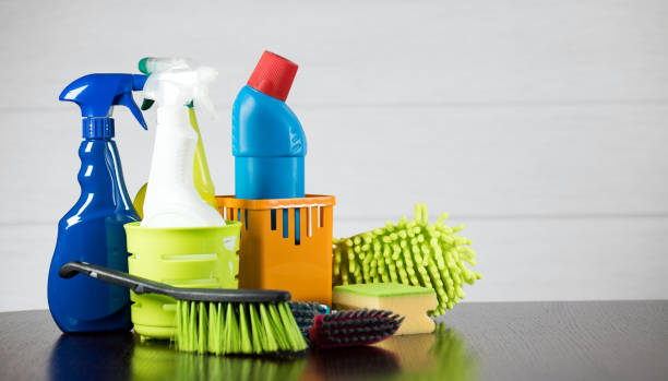 Cleaning concept with supplies stock photo