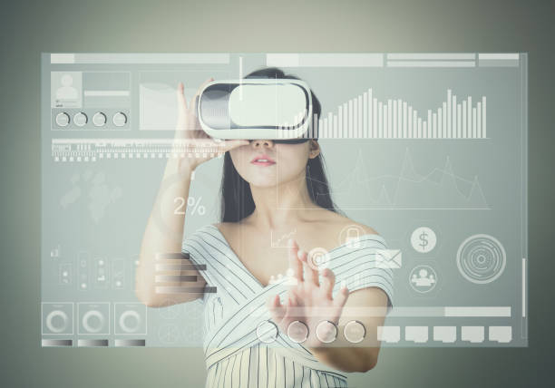 istock woman wore a virtual reality headset that simulates, And touch screen technology graph. the reality and looked up to see what the virtual reality was capable of rendering. 905973780
