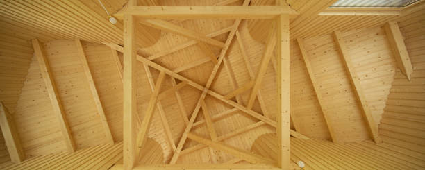 istock Ceiling with geometric pattern of wooden beams 905979600