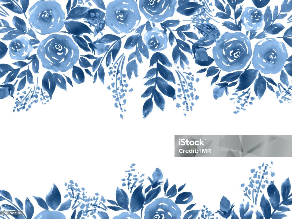 Cartão de rosas em aquarela. Mão pintada composição floral em azul índigo - Ilustração de Flor royalty-free