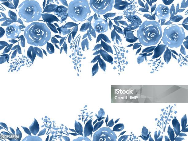 Vetores de Cartão De Rosas Em Aquarela Mão Pintada Composição Floral Em Azul Índigo e mais imagens de Flor