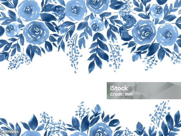 Watercolor Roses Greeting Card Hand Painted Floral Composition In Indigo Blue Stock Illustration - Download Image Now