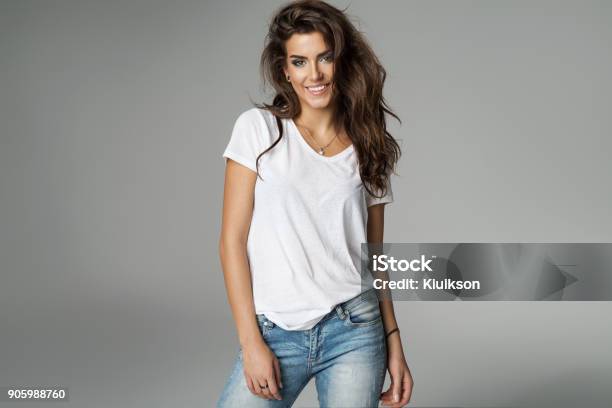 Beautiful Woman Stock Photo - Download Image Now - Women, T-Shirt, One Woman Only