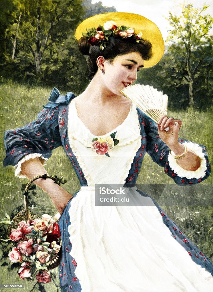 Porträtt av en glad ung kvinna med rosa korg på ängen - Royaltyfri Påsk Illustrationer