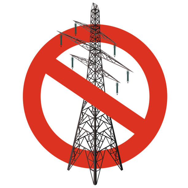 illustrazioni stock, clip art, cartoni animati e icone di tendenza di divieto di linee elettriche. rigoroso divieto di costruzione di piloni elettrici. stop alla cautela dell'elettricità. - isometric power line electricity electricity pylon