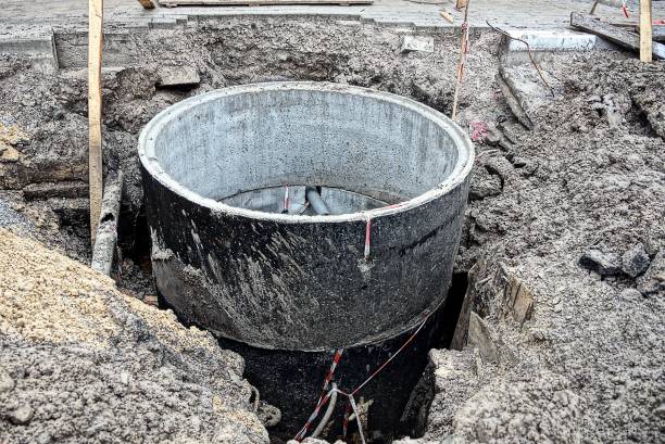 istock repair work and concrete circles for the well in the pit 905998074