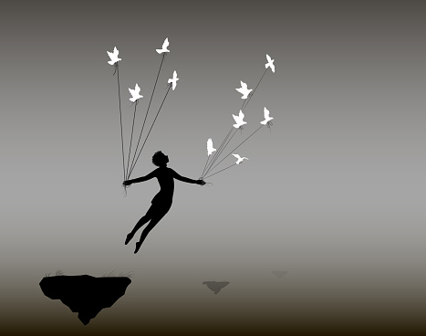 boy is flying rock and holding pigeons on flying rock, little prince, fly in the dream, shadows, life on flying rock, silhouette.