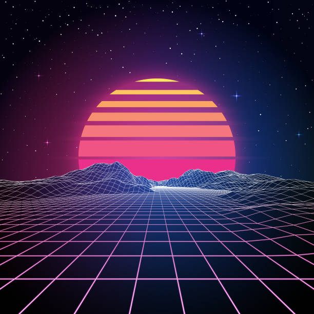 Retro 80s Background A retro 1980s style background with glowing grid lines leading towards low-poly mountains in the distance. A retro striped sun or planet looms just above the horizon line beneath the stars and night sky. This is an ideal design element for your 80s themed party, poster or design project. All elements of this vector illustration are grouped onto clearly labelled layers within the EPS10 file making it easy for you to edit and customize to suit your needs. neon lighting illustrations stock illustrations