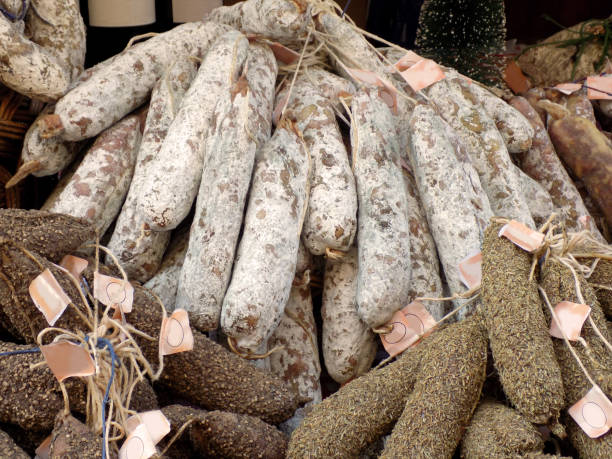 istock Different types of sausages in the butcher store 906019970