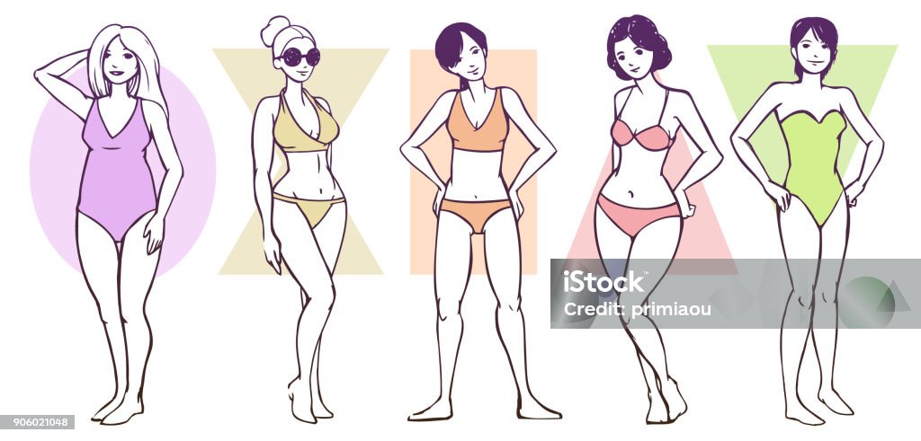 Female Body Shape Types Set of women's body shape types - apple / rounded, hourglass, rectangle, triangle / pear, inverted triangle The Human Body stock vector