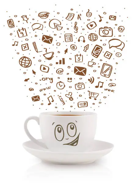 Coffee-mug with hand drawn media icons, isolated on white