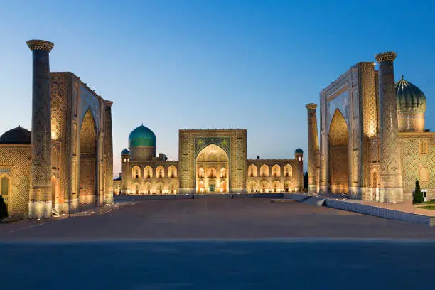 Registan Square at the twilight, Samarkand, Uzbekistan.
