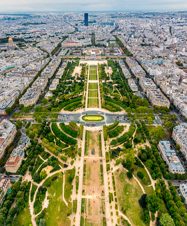 From above aerial view to Champ de Mars Paris, France