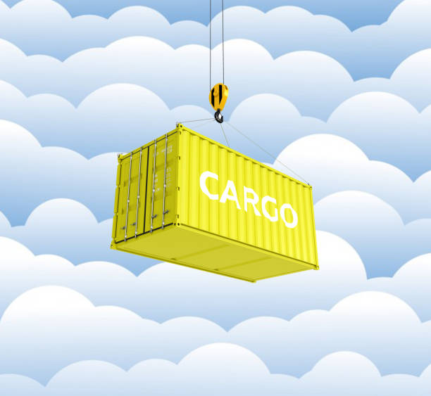 istock Cargo shipping container in yellow with an inscription delivery loading concept the crane lifts the container on cloud background 3d 906026506