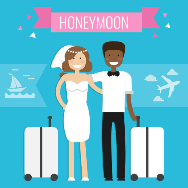 ilustrações de stock, clip art, desenhos animados e ícones de honeymoon concept. wedding couple - honeymoon wedding married engagement