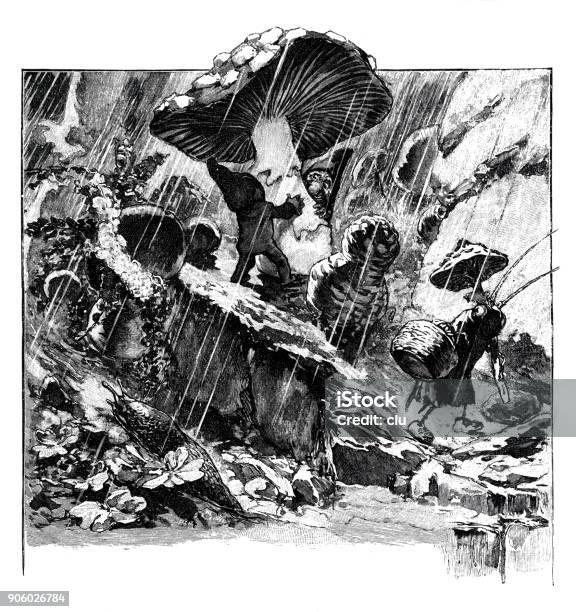 Dwarfs Under A Mushroom In The Summer During Rain Stock Illustration - Download Image Now - 1897, 19th Century, 2017