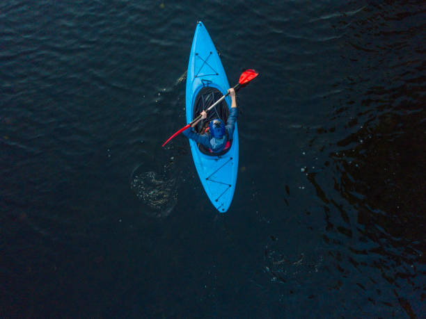 Aerial view of a kayaker on a river, Dublin, Ireland. stock photo