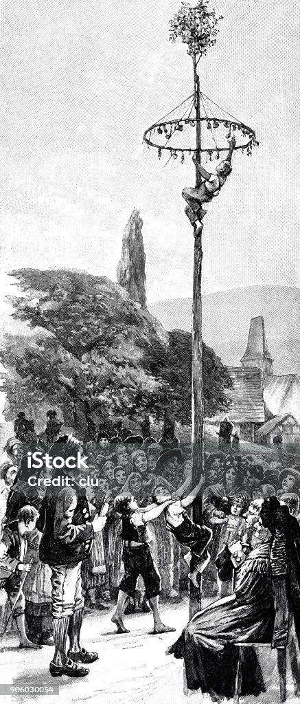 Boys climbing the Maypole Illustration from 19th century Maypole stock illustration