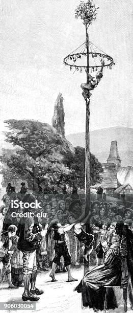 Boys Climbing The Maypole Stock Illustration - Download Image Now - Maypole, Archival, History