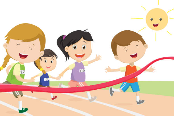 ilustrações de stock, clip art, desenhos animados e ícones de happy kids sprinter coming first to finish line - child running sport sports race