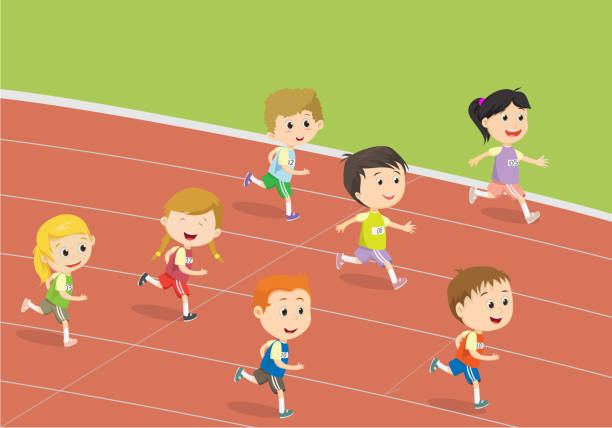 Happy Kids Running On The Track Of Stadium - Arte vetorial de stock e mais imagens de Criança - Criança, Correr, Desporto de Competição - Desporto - iStock