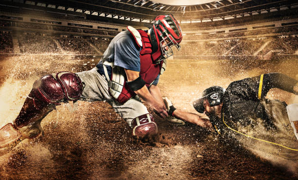 Two Baseball Players in Competition The two caucasian men as baseball players playing and fighting against stadium in smoke and crushed stones. 3D model of the stadium was created by me (the author) pro baseball player stock pictures, royalty-free photos & images