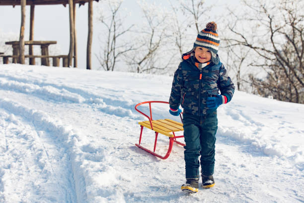 istock Little boy having fun with sledge on winter day 906089592