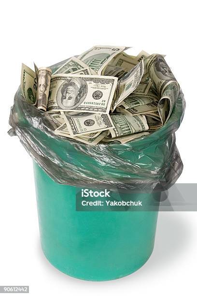 A Green Bin Full Of Money In White Background Stock Photo - Download Image Now - Currency, Bucket, Full