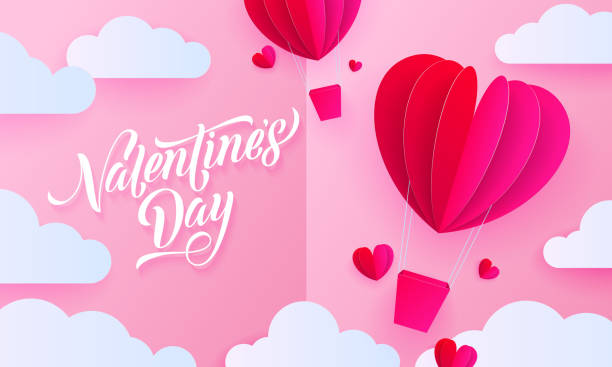 Valentines day paper art greeting card of valentine heart hot air balloon with gift box on white cloud pattern background. Vector Happy Valentines Day 14 February holiday text lettering trendy design Valentines day paper art greeting card of valentine heart hot air balloon with gift box on white cloud pattern background. Vector Happy Valentines Day 14 February holiday text lettering trendy design valentines day stock illustrations