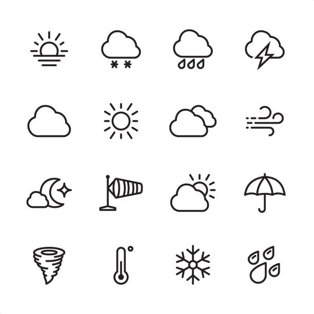 Weather - outline icon set 16 line black and white icons / Set #42 / Weather  rain symbols stock illustrations