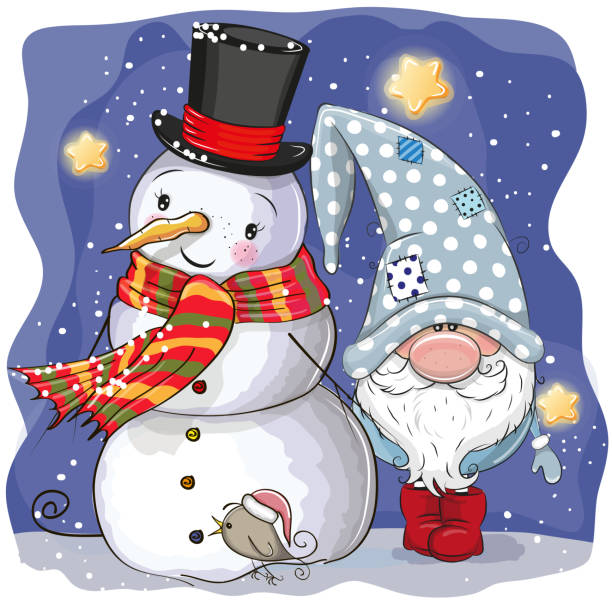 Cute Cartoon Gnome and Snowman Cute Cartoon Gnome and Snowman with hat and scarf tonatiuh stock illustrations