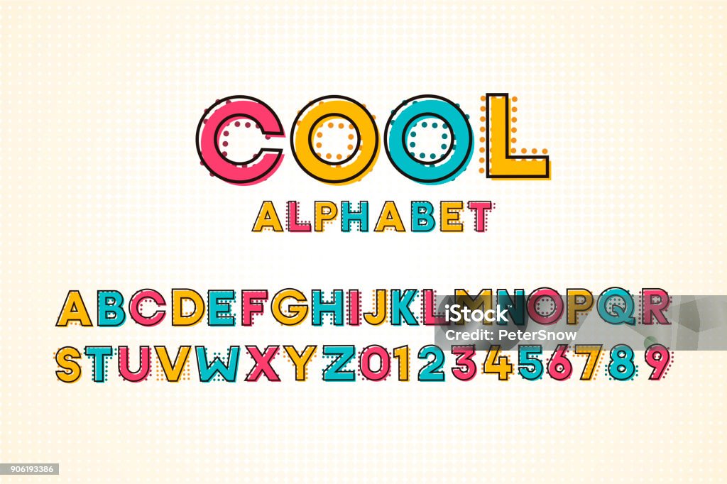Moderne coole pop Vektorschriftart und Alphabet mit Halbton-Effekt - Lizenzfrei Maschinenschrift Vektorgrafik