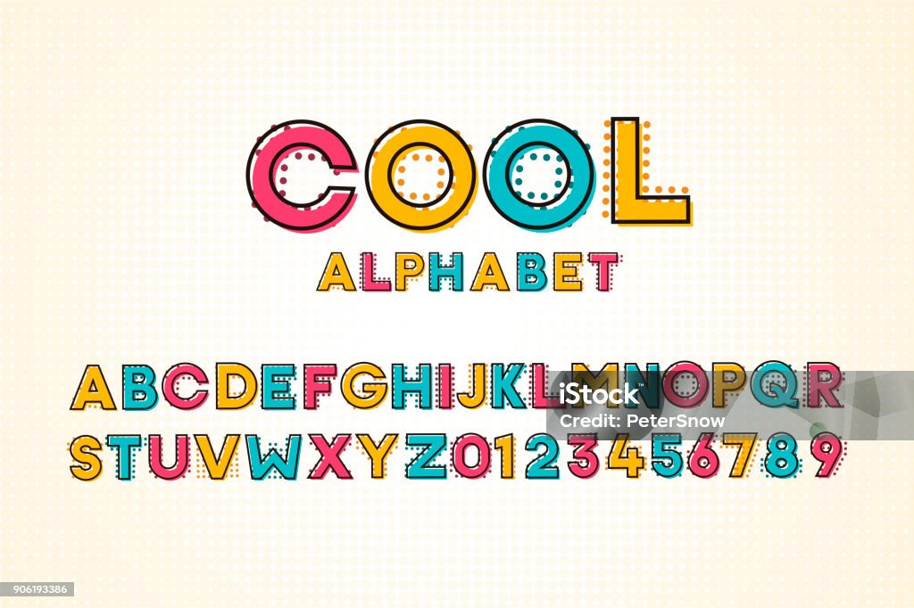 Police de pop cool moderne Vector et alphabet avec effet halftone - clipart vectoriel de Police de caractère libre de droits