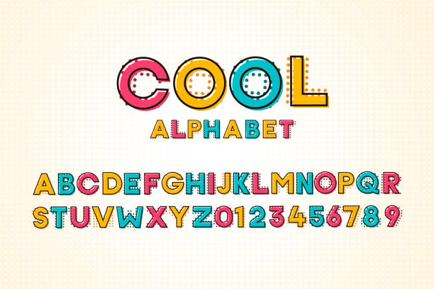 Vector modern cool pop font and alphabet with halftone effect vector design cartoon fonts stock illustrations
