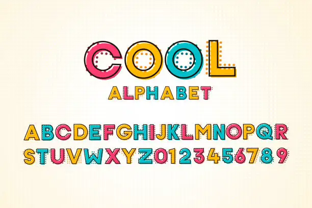 Vector illustration of Vector modern cool pop font and alphabet with halftone effect