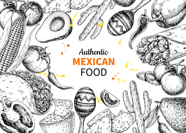 ilustrações de stock, clip art, desenhos animados e ícones de mexican food sketch label in frame. vector traditional cuisines drawing burito, taco, nachos - pepper chili pepper frame food