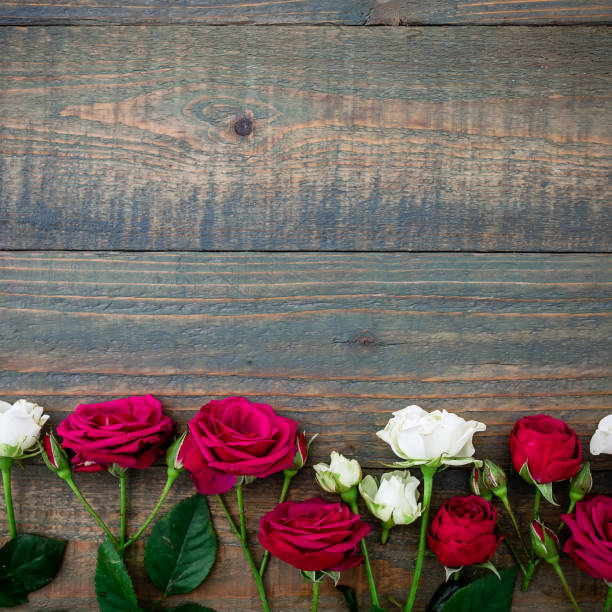 istock Roses isolated on wood background. Flat lay, top view. Valentine's background 906196938